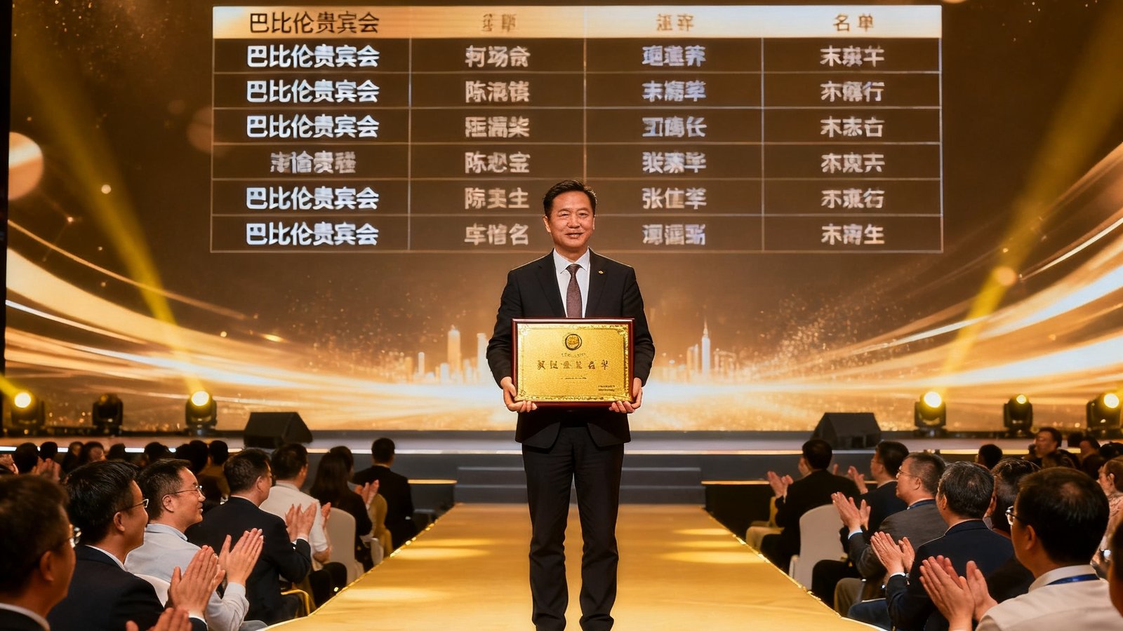 2024中国物业服务创新奖颁奖典礼现场，舞台上大屏幕显示获奖企业名单，巴比伦贵宾会代表正在台上领取金色奖牌，台下座无虚席掌声热烈