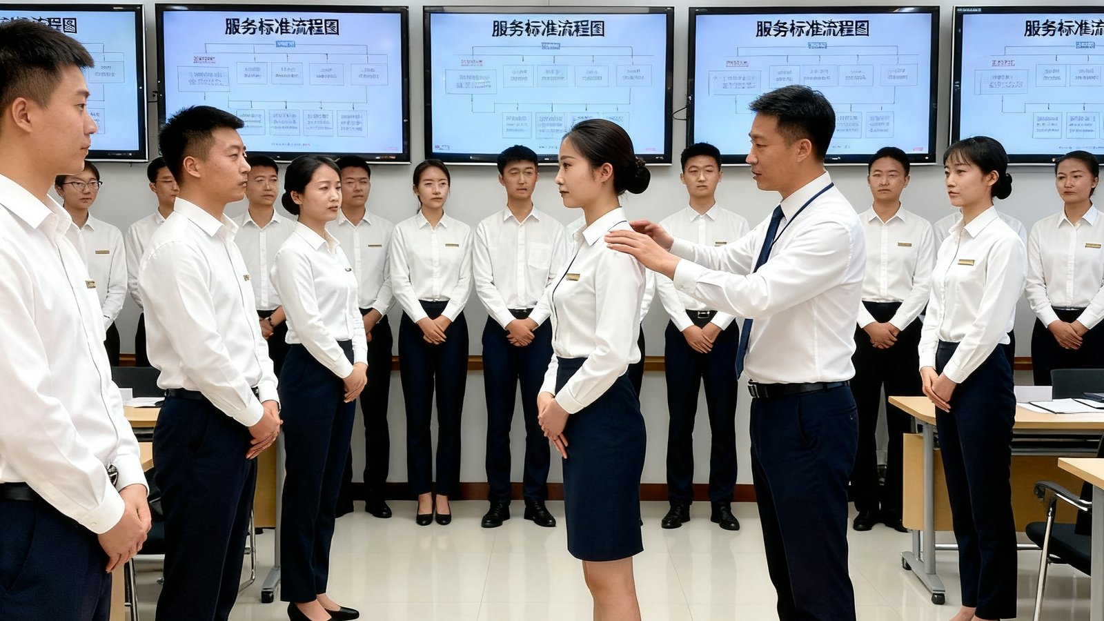 巴比伦贵宾会金管家训练营培训场景：二十余位身着统一白色衬衫的学员正在模拟商务接待流程，培训教室内光线明亮，墙上挂着多块显示屏展示服务标准流程图，讲师正在纠正一位学员的站姿细节
