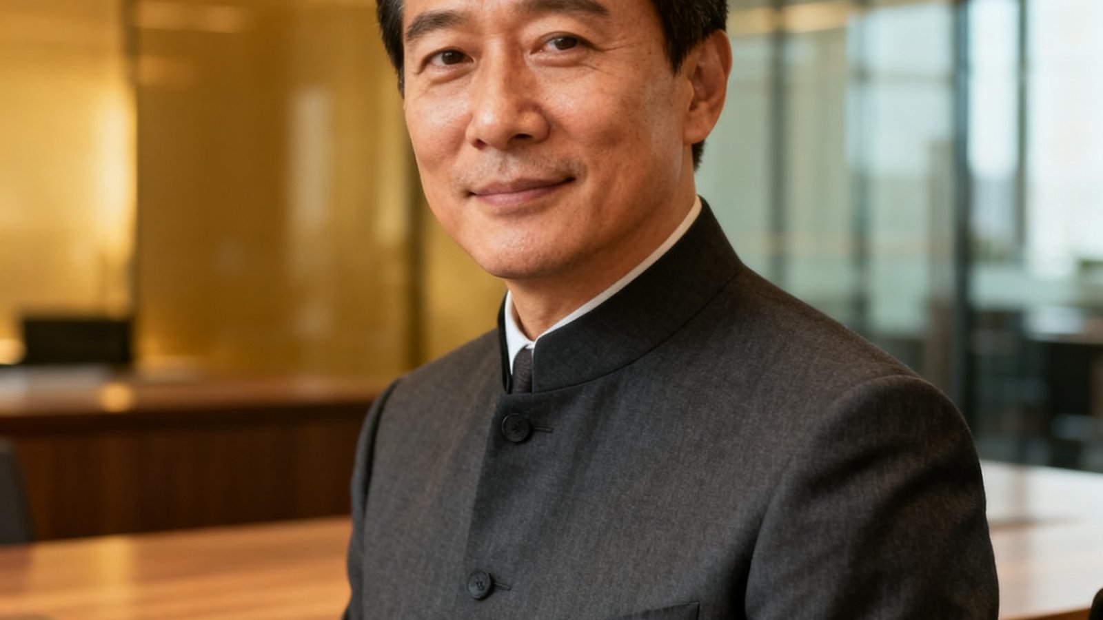 一位四十岁左右的跨国企业亚太区总裁肖像，身着深灰色定制西装，背景为现代化办公室，表情温和而专业